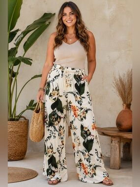 New Look 2X Floral Wide Leg Linen Blend Pants Elastic Waist Boho Resort A32